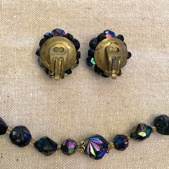 Vintage jet Black aurora borealis Necklace Earrings set west Germany 3 strands - Picture 6 of 15